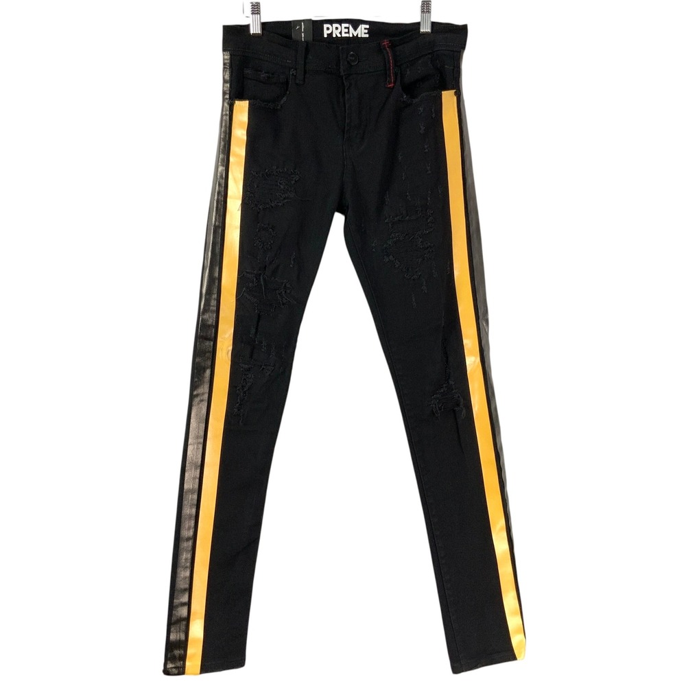 PREME Mens Black Distressed Skinny Jeans Gold Stripe Size 30x32 Dark Wash Denim